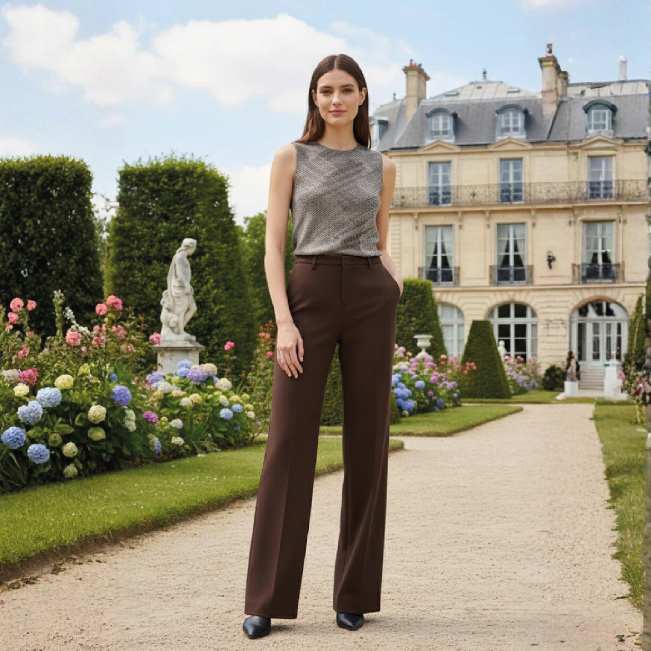 Mid Rise Bootcut Pants - Brown