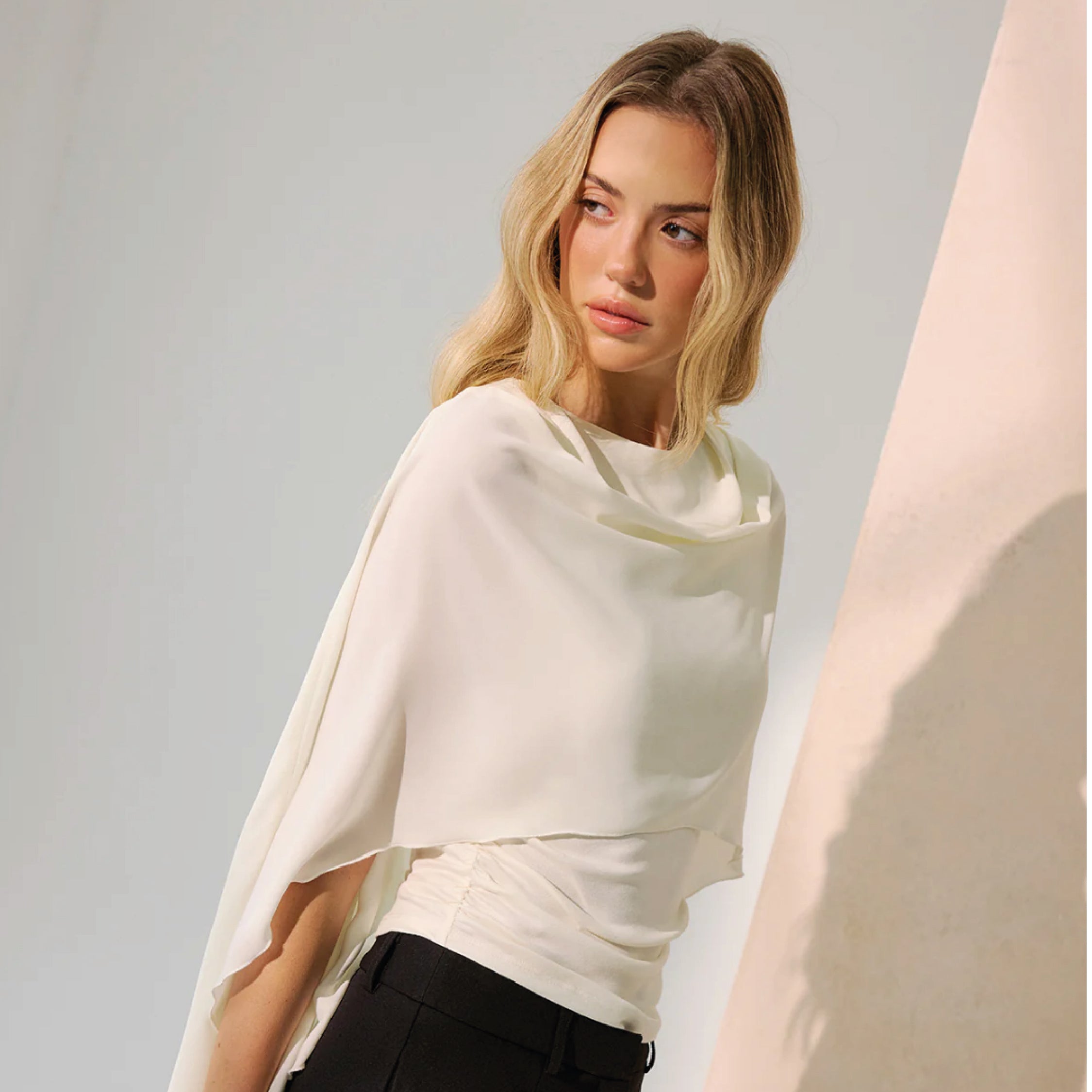 Ivory Draped Cape-Sleeve Top