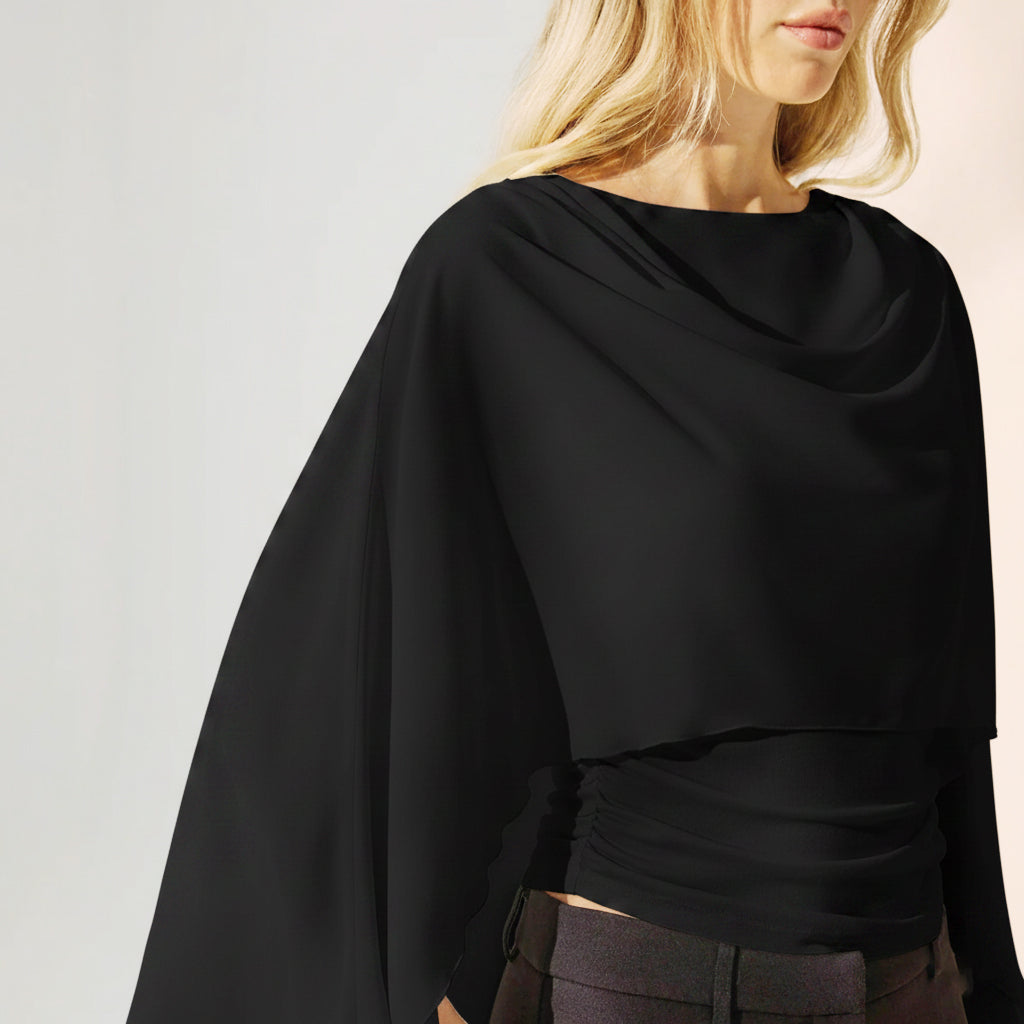 Black Draped Cape-Sleeve Top