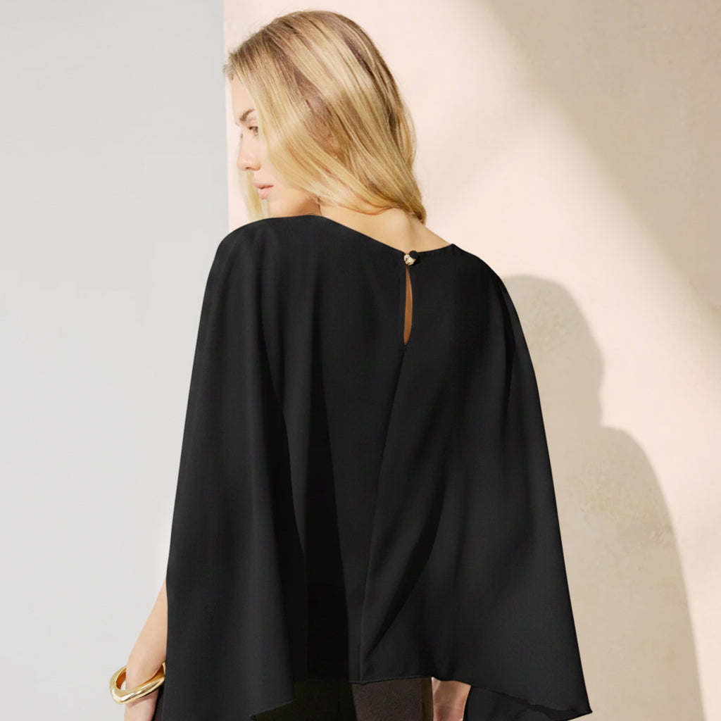 Black Draped Cape-Sleeve Top